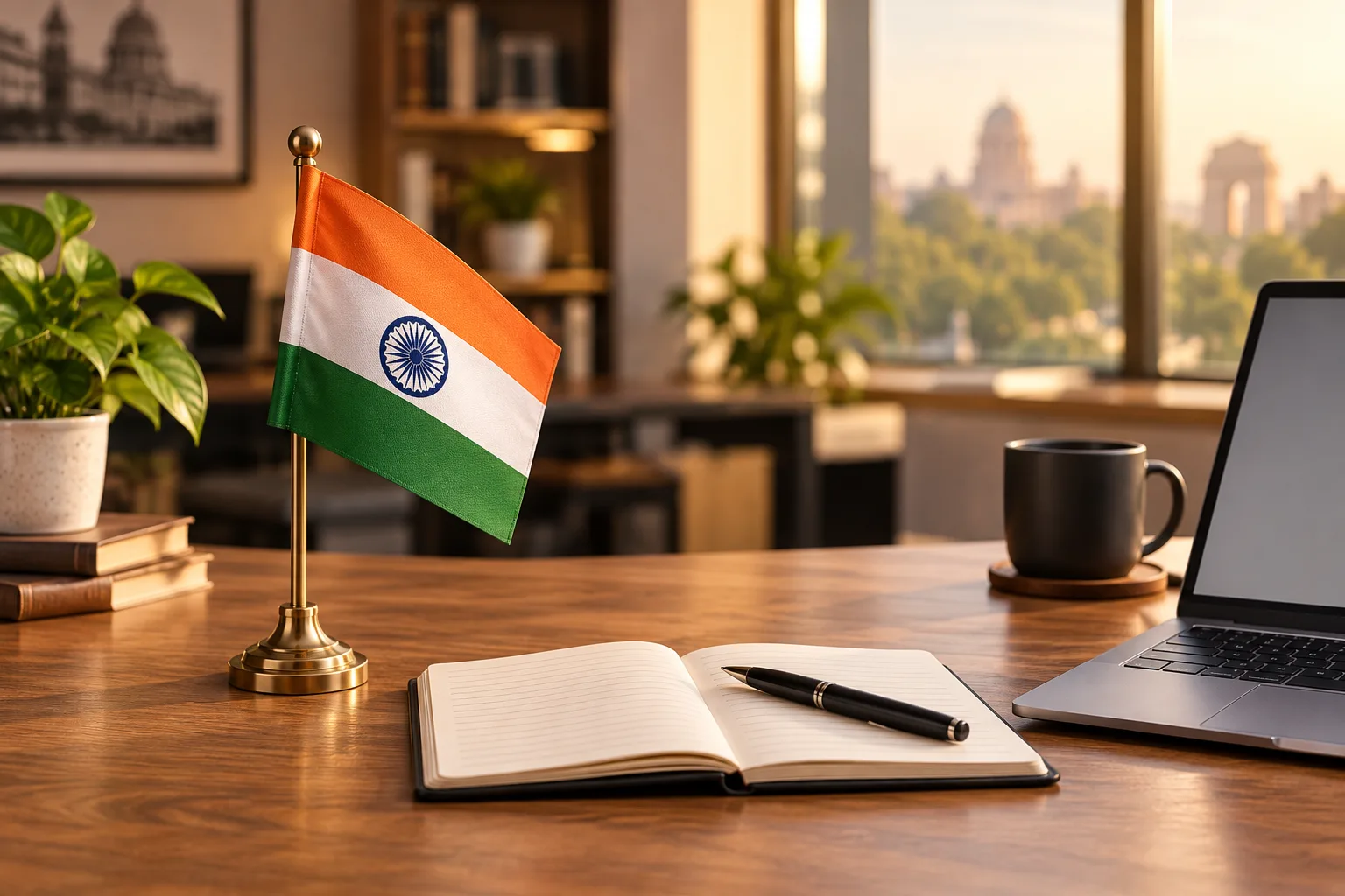 Indian flag, notebook and laptop on an editorial desk