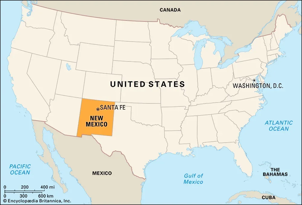 न्यू मेक्सिको (New Mexico) अमेरिका का एक राज्य है। यह अमेरिका के दक्षिण-पश्चिमी हिस्से में स्थित है और इसकी सीमा मेक्सिको से लगती है। ट्रंप ने इसका नाम “न्यू अमेरिका” रखने का सिर्फ सुझाव दिया था। credit: Encyclopædia Britannica, Inc.