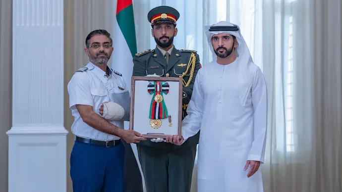 UAE President Sheikh Mohamed bin Zayed Al Nahyan honoured Captain Smit Machchhar with the First Class Order of Zayed II. (X/DXBMediaOffice)