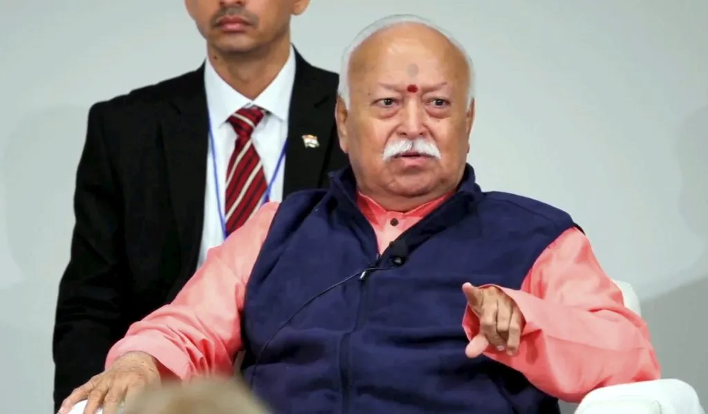 Rashtriya Swayamsevak Sangh (RSS) Sarsanghchalak Mohan Bhagwat speaks at ‘One World, One Humanity’ faith leaders’ conference, in New York, USA, Saturday, Aug. 29, 2026. Photo: PTI