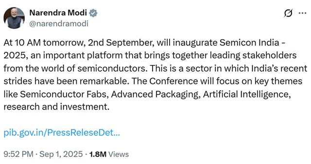 pm modi inaugurated semicon india 2025 tweet