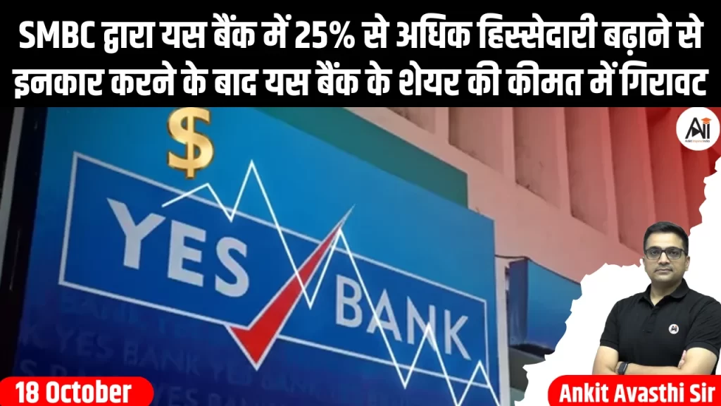 SMBC द्वारा यस बैंक में 25% से अधिक हिस्सेदारी बढ़ाने से इनकार करने के बाद यस बैंक के शेयर की कीमत में गिरावट