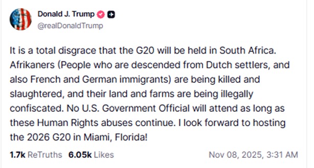 trump will boycott the g-20 summit in south africa tweet