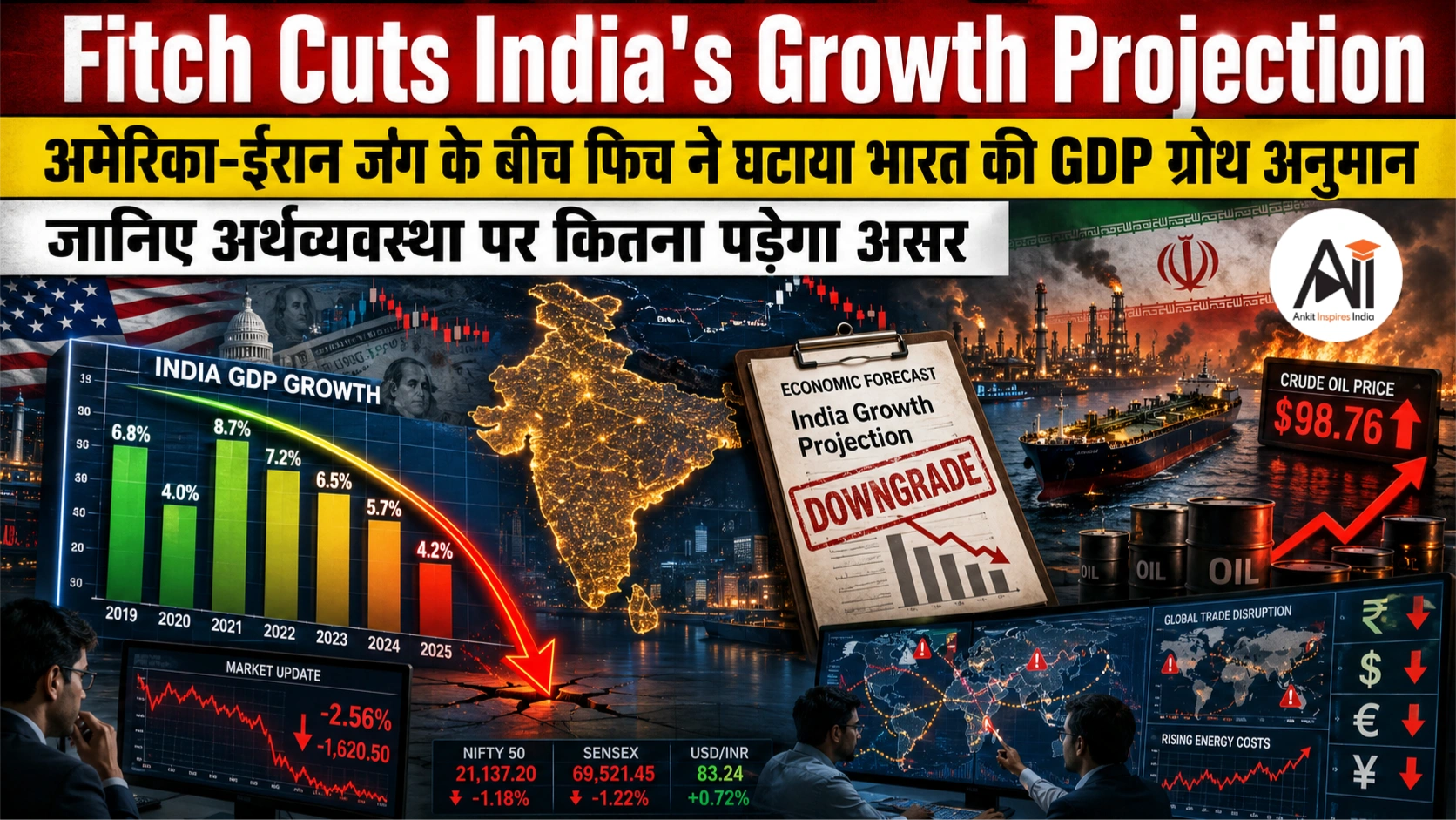 Fitch Cuts India's Growth Projection: अमेरिका-ईरान जंग के बीच फिच ने घटाया भारत की GDP ग्रोथ अनुमान, जानिए अर्थव्यवस्था पर कितना पड़ेगा असर